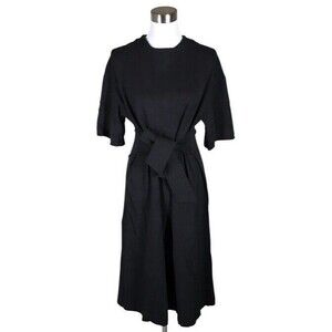 MARIMEKKO Klaudia Dress Black Knit Belted Sleeved Minimalist Sheath Midi Small